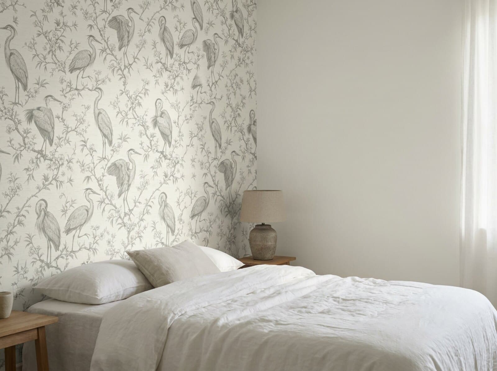 A bedroom corner where a wall papered in Heron & Sprig meets a wall painted White Dove