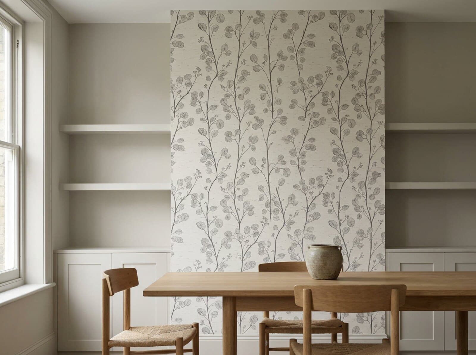 A dining room with the chimney breast papered in Lunaria and the joinery painted Pale Oak