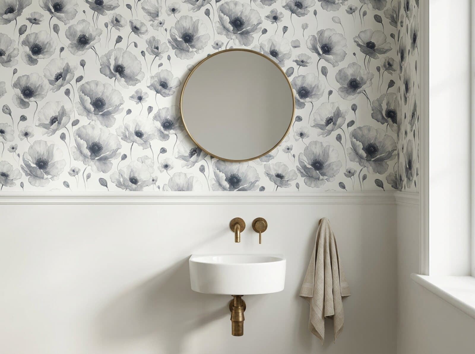 A powder room with Poppy Toss above a dado painted Chantilly Lace