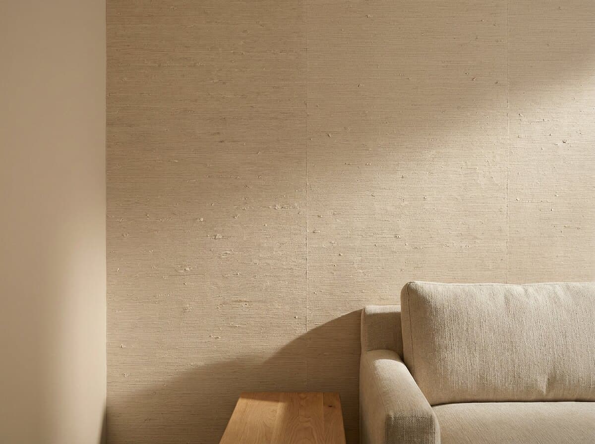 A living room with a grasscloth wall in Paperweave beside a wall painted Natural Linen